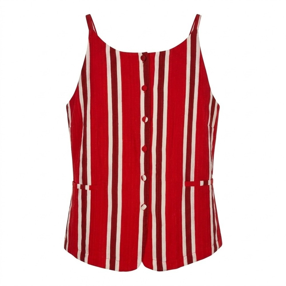 Lulumari  Anthropologie Top Vertical Striped Red White Vest Shirt Luxe XL